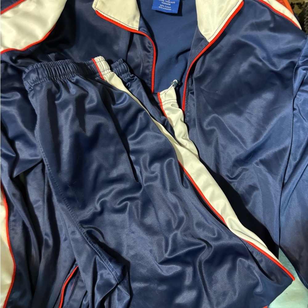 Navy Satin Track Jacket and Pants Set with White & Red Trim